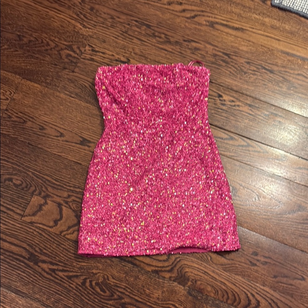 Retrofete Pink Sequin Strapless Mini Dress